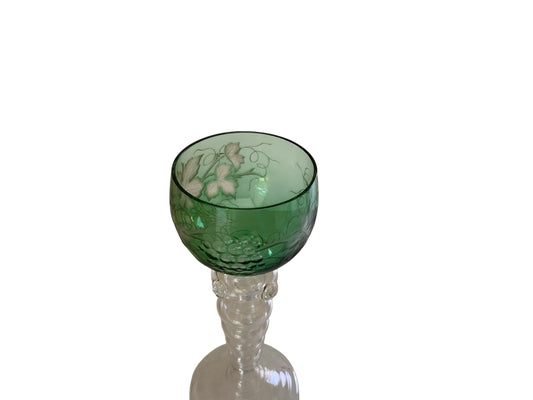 Vintage German Theresienthal Crystal Römer Glass 7.5" Green Cut to Clear Etched Grapes Spun Rib Foot 1950s-1970s