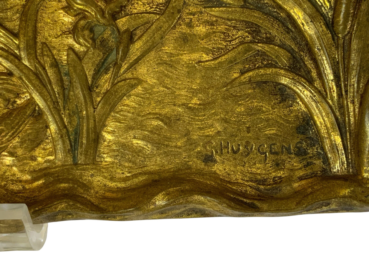 Rare Antique French Art Nouveau Signed Gilt Bronze Swan Pen Tray by G. Huygens, 12" Made in France 1895-1910