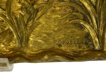Rare Antique French Art Nouveau Signed Gilt Bronze Swan Pen Tray by G. Huygens, 12" Made in France 1895-1910