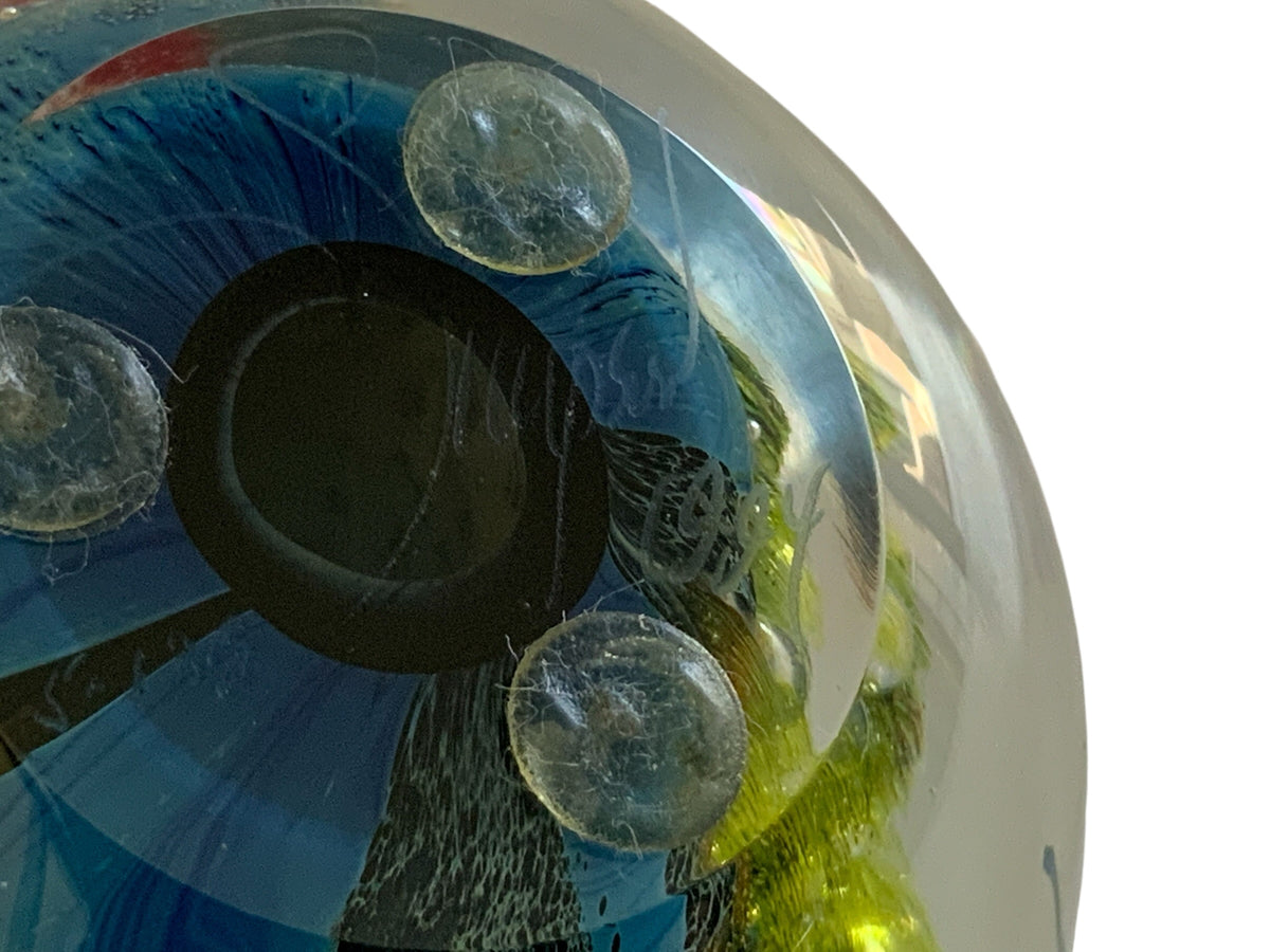 Vintage Josh Simpson Inhabited Planet Planetary Glass Marble Paperweight 2.75" Signed Made in USA 1994