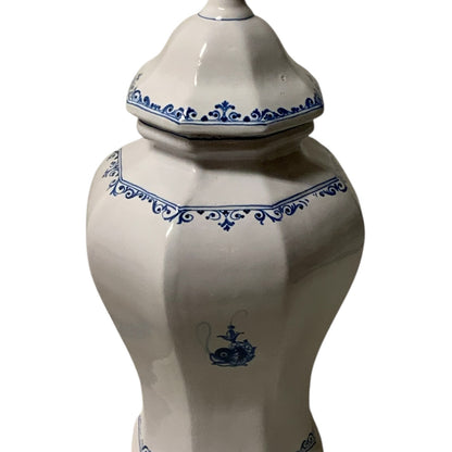 Rare Vintage 3-Piece Italian Majolica Centerpiece Set for Gump's Blue & White Tulipiere, Platter & Matching Pair of Lidded Ginger Jars Italy 1970s-1980s
