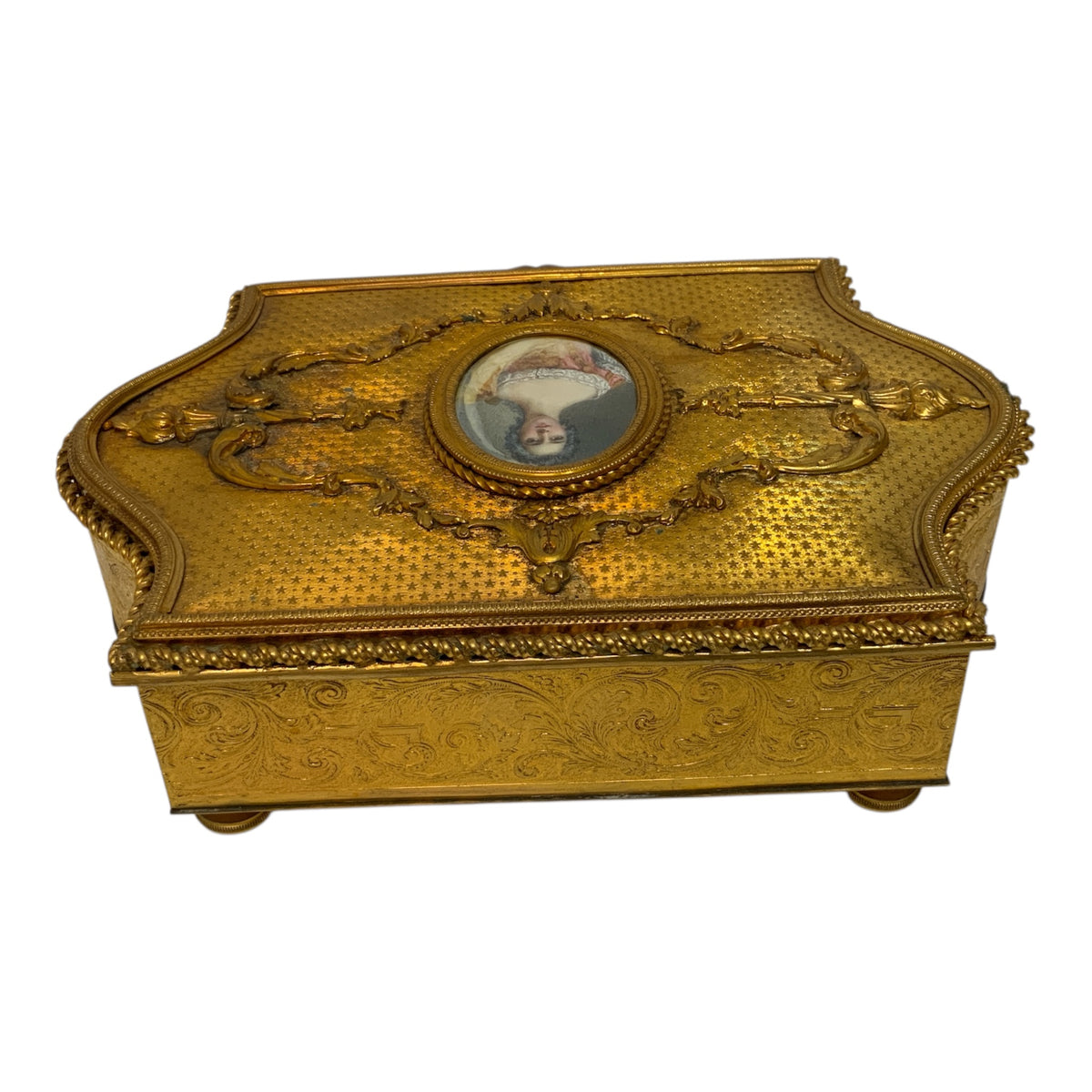Antique French Gilt Metal Rococo Revival Jewelry Casket with Portrait Miniature France c. 1890–1920