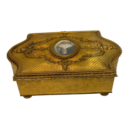 Antique French Gilt Metal Rococo Revival Jewelry Casket with Portrait Miniature France c. 1890–1920