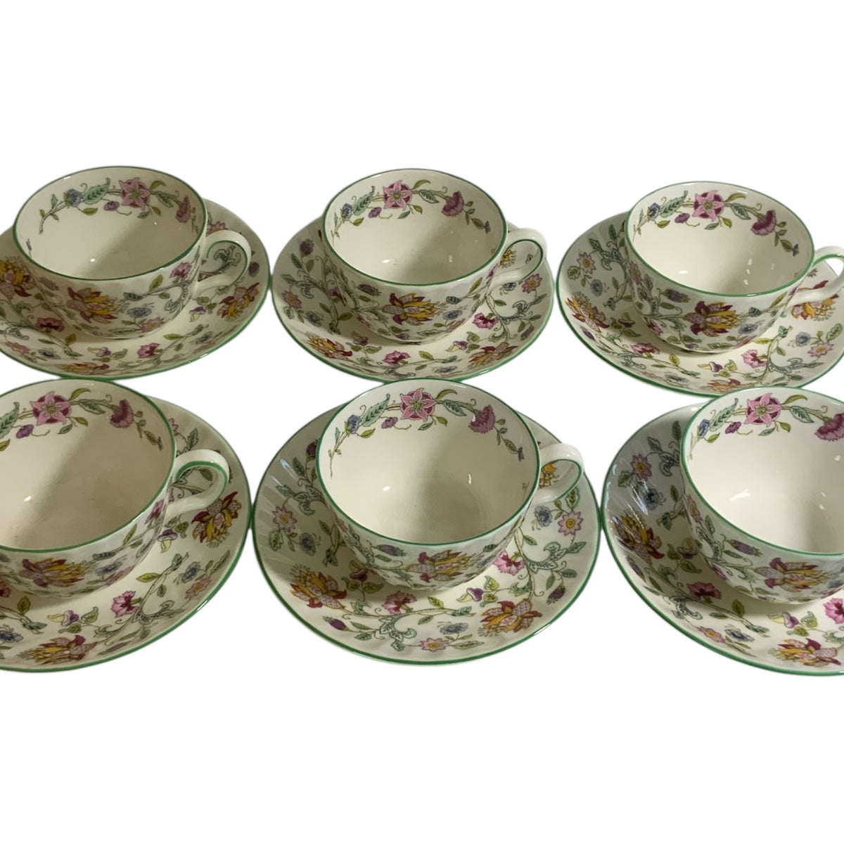 Vintage Minton Haddon Hall Flat Cup & Saucer Set of 6 Fine Bone China Green Trim England 1948-2011