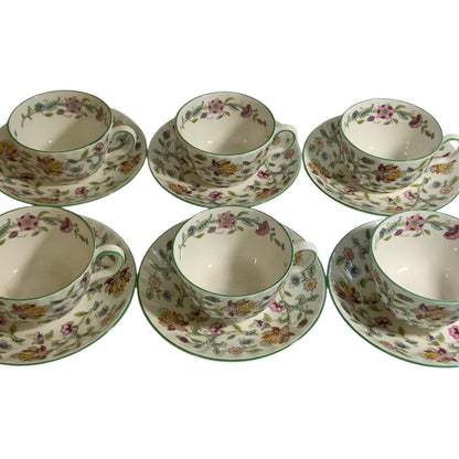 Vintage Minton Haddon Hall Flat Cup & Saucer Set of 6 Fine Bone China Green Trim England 1948-2011