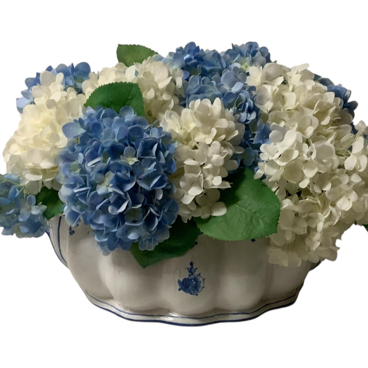 Rare Vintage 3-Piece Italian Majolica Centerpiece Set for Gump's Blue & White Tulipiere, Platter & Matching Pair of Lidded Ginger Jars Italy 1970s-1980s