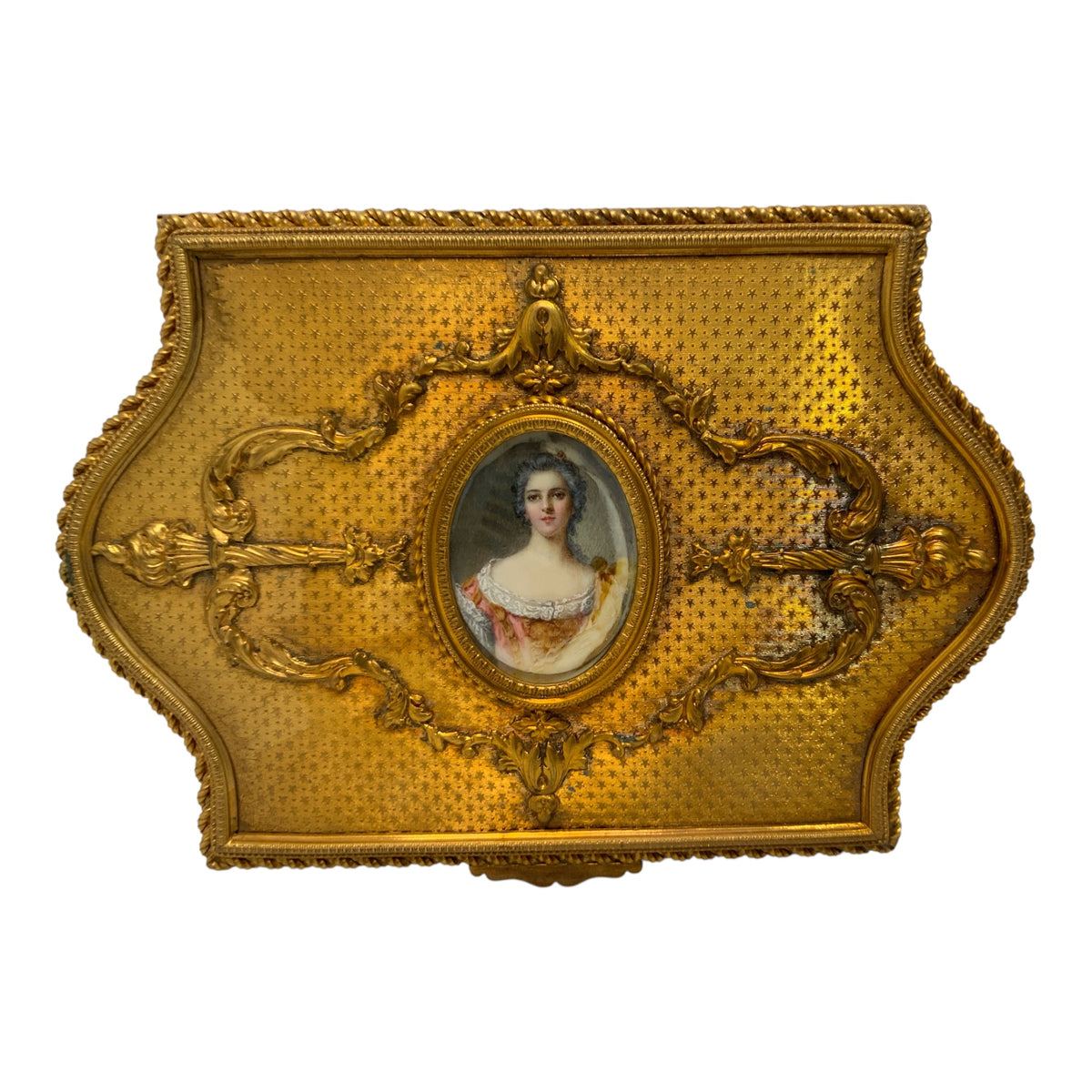 Antique French Gilt Metal Rococo Revival Jewelry Casket with Portrait Miniature France c. 1890–1920