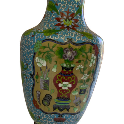 Vintage Large 15.25" Chinese Cloisonne Vase Turquoise Yellow Floral Pot Motif Vintage c.1970s-1980s