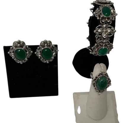 Antique Fratelli Peruzzi Florence 800 Silver Green Onyx Jewelry Suite Bracelet Earrings Ring Italy c. 1920s-1930s
