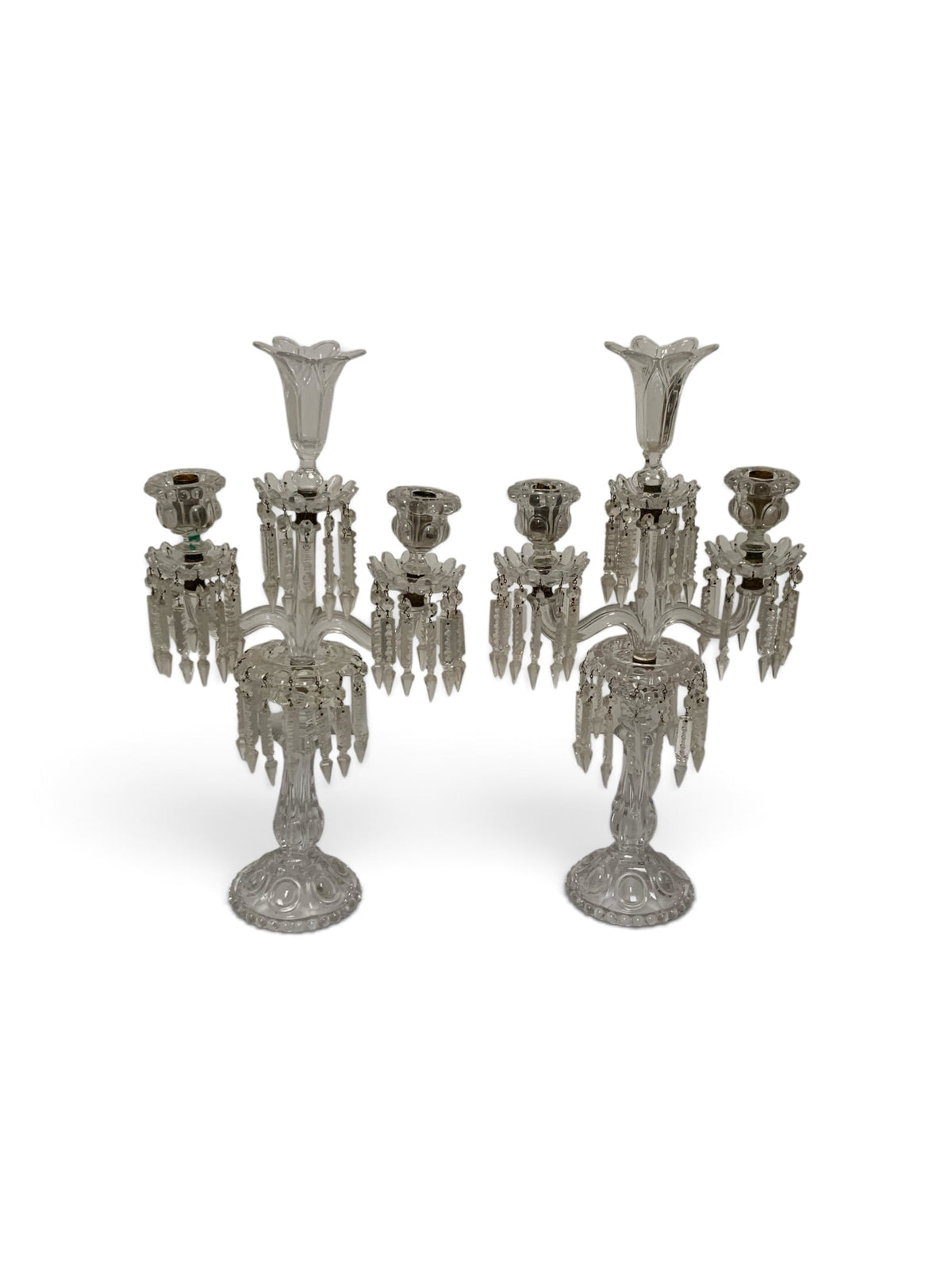 Vintage Pair 14" Modular Crystal 3-Light Candelabras Threaded European Lead Crystal Complete with Prisms