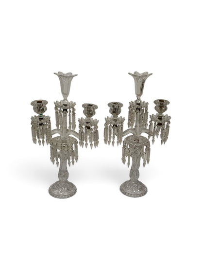 Vintage Pair 14" Modular Crystal 3-Light Candelabras Threaded European Lead Crystal Complete with Prisms