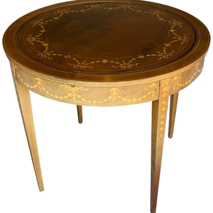 Antique Rare English Sheraton Revival Mahogany & Marquetry Circular Pivoting-Center Games Table 19th Century