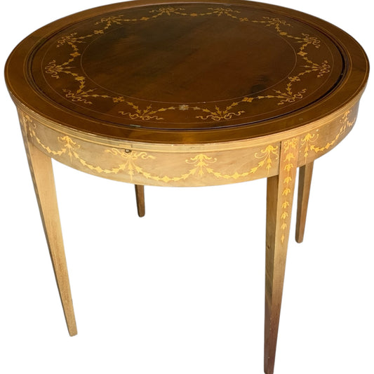 Antique Rare English Sheraton Revival Mahogany & Marquetry Circular Pivoting-Center Games Table 19th Century