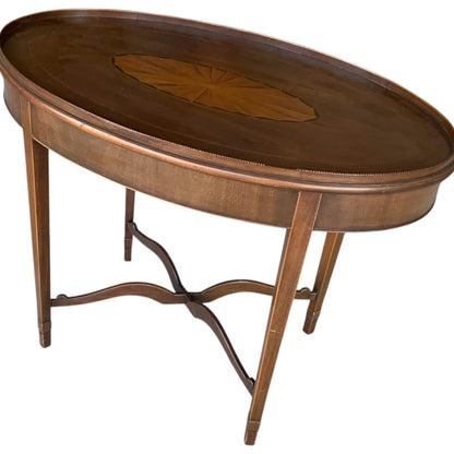 Antique English Edwardian Mahogany & Satinwood Marquetry Oval Occasional Table England c. 1900