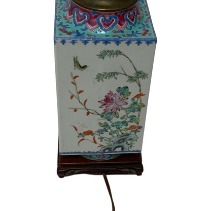 Antique Chinese Republic Period Famille Rose Four Seasons Porcelain Lamp Pagoda Shade Celluloid Rose Finial c1920s-1930s