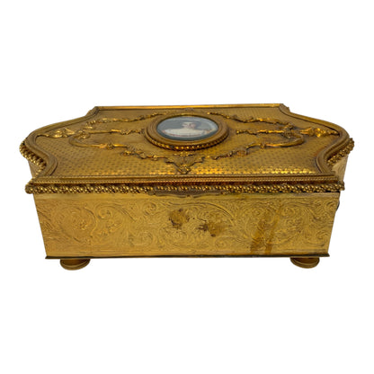 Antique French Gilt Metal Rococo Revival Jewelry Casket with Portrait Miniature France c. 1890–1920