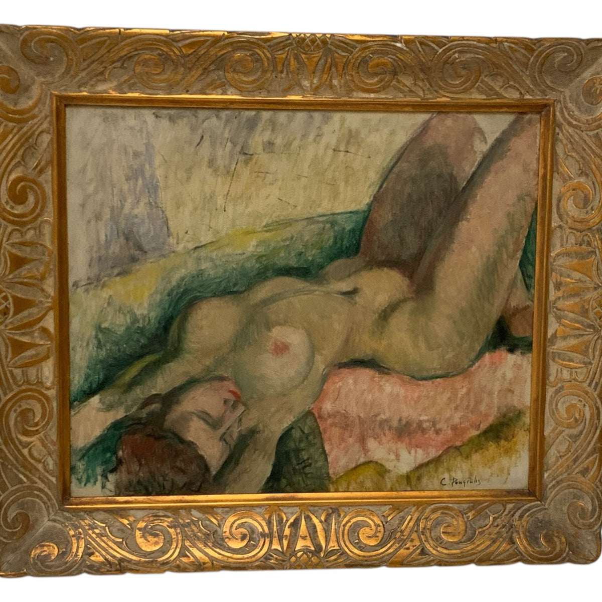 Constantine Pougialis (1894–1985) Seated Reclining Female Nude Modernist Oil Painting USA 1930s-1950s