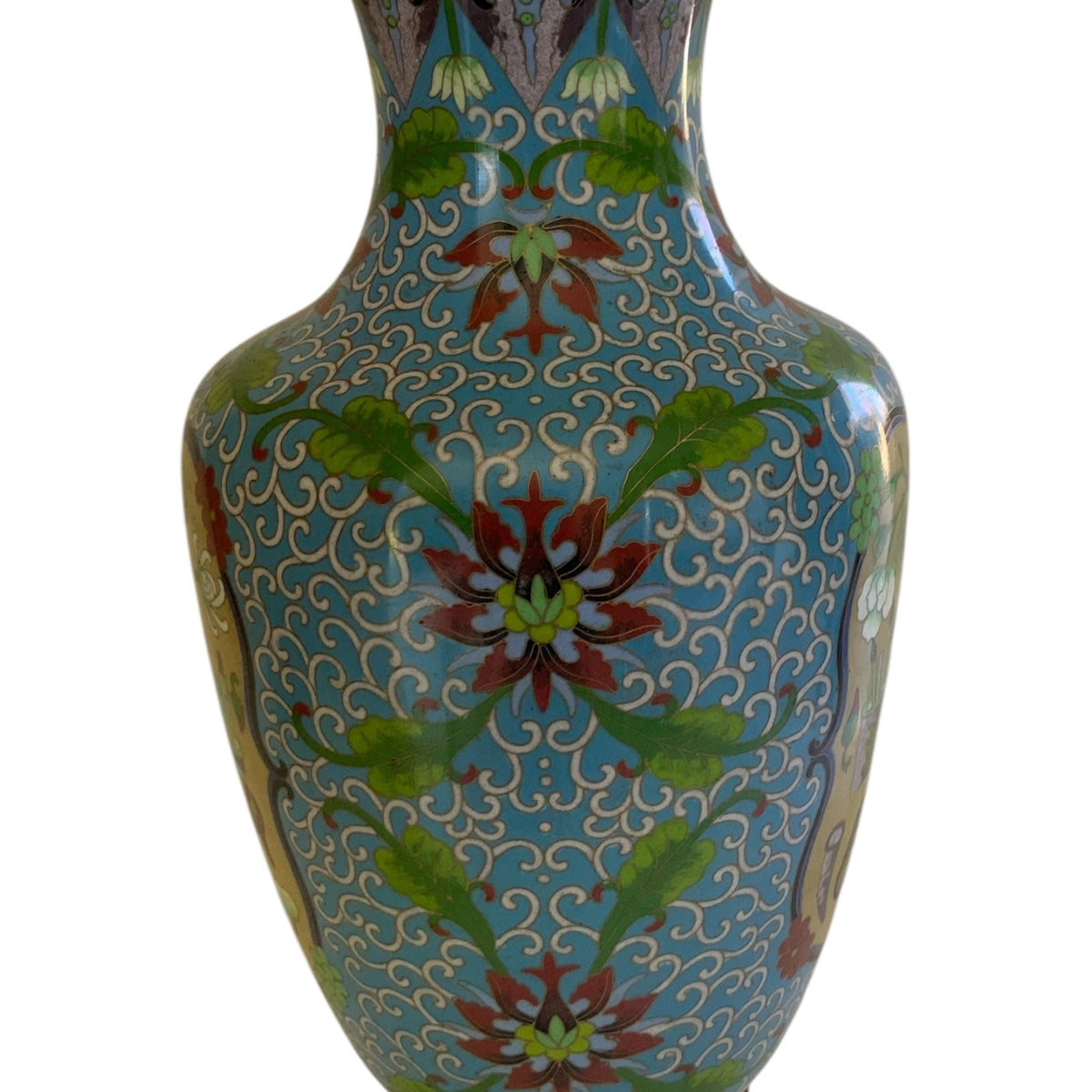 Vintage Large 15.25" Chinese Cloisonne Vase Turquoise Yellow Floral Pot Motif Vintage c.1970s-1980s