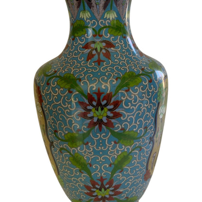 Vintage Large 15.25" Chinese Cloisonne Vase Turquoise Yellow Floral Pot Motif Vintage c.1970s-1980s