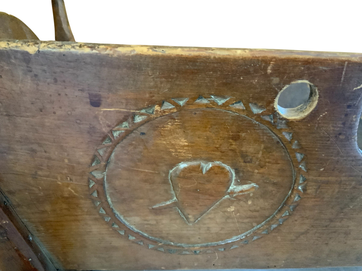 Antique 19th C European Folk Art Rocking Cradle Hand Carved Wood Catholic Iconography and Monogram