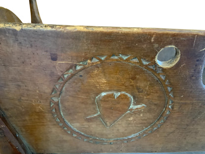 Antique 19th C European Folk Art Rocking Cradle Hand Carved Wood Catholic Iconography and Monogram