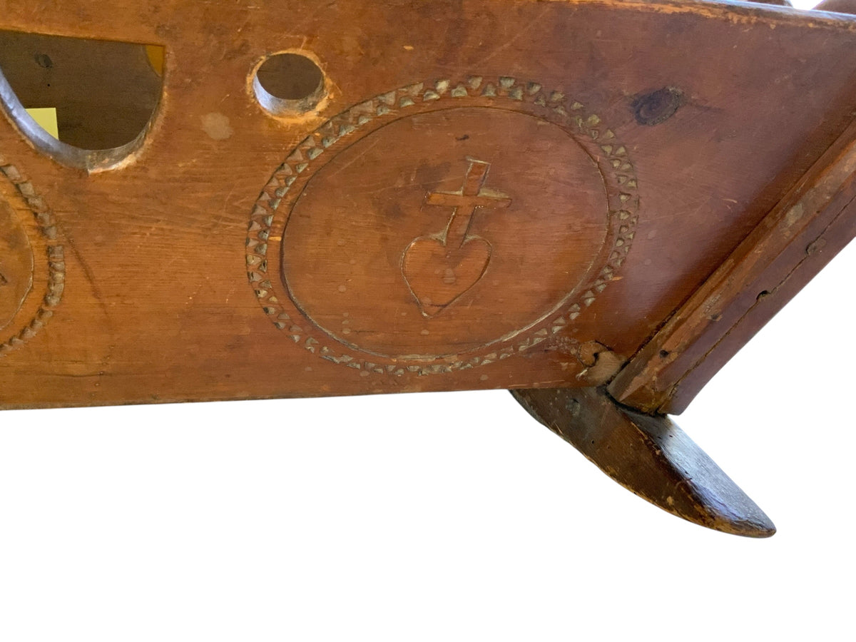Antique 19th C European Folk Art Rocking Cradle Hand Carved Wood Catholic Iconography and Monogram