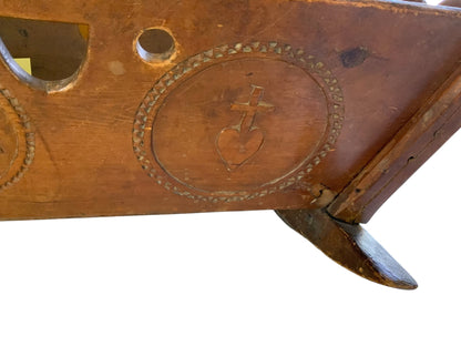 Antique 19th C European Folk Art Rocking Cradle Hand Carved Wood Catholic Iconography and Monogram