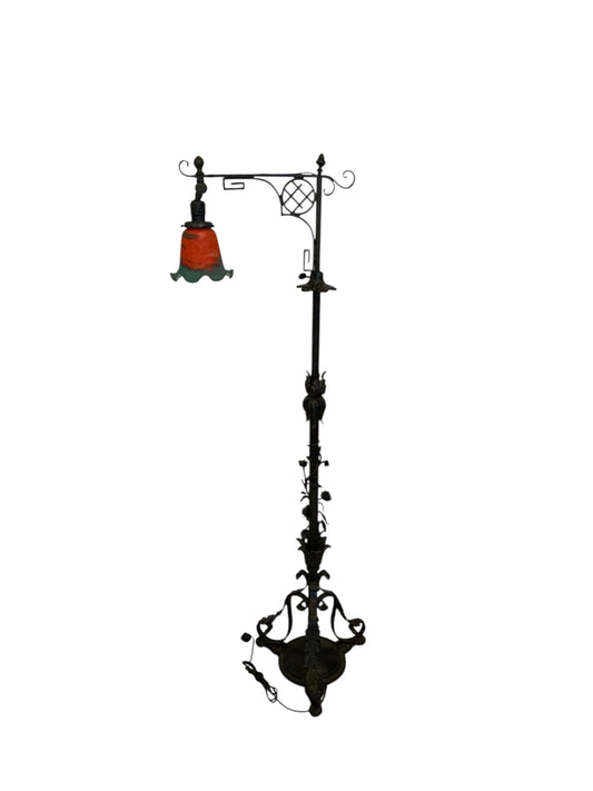 Vintage 1920s Spanish Revival Wrought Iron Bridge Floor Lamp with Ruffled Sunset Art Glass Shade Adjustable 55" - 67" 1920s-1930s