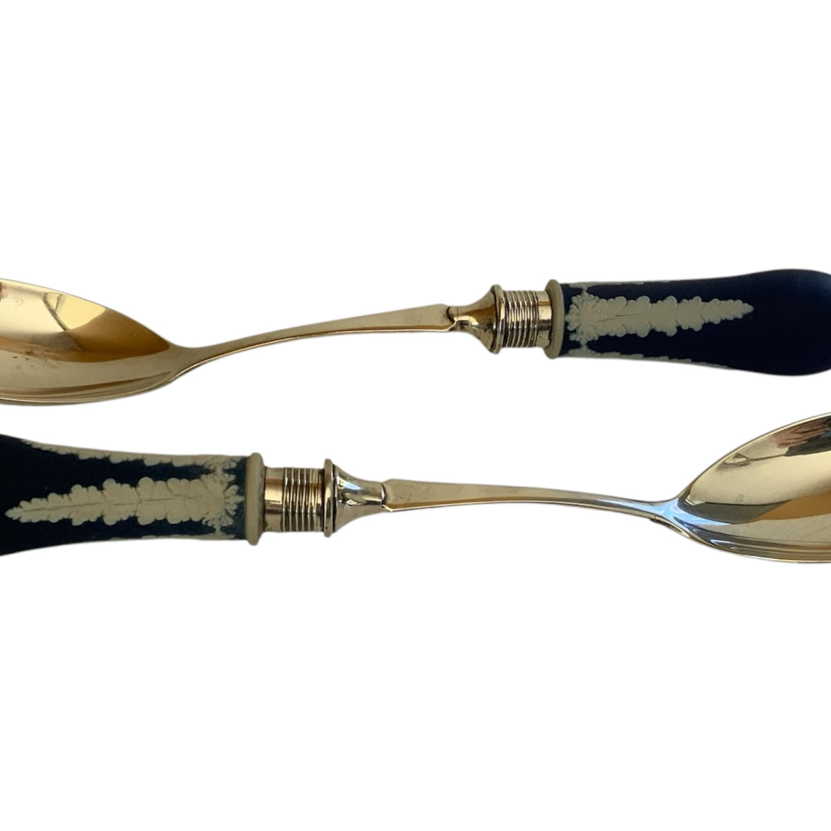 Antique William Adams Tunstall Blue Jasperware 9” Salad Bowl Set w/ Matching Silverplate Serving Fork & Spoon c.1900 Fox Hunt