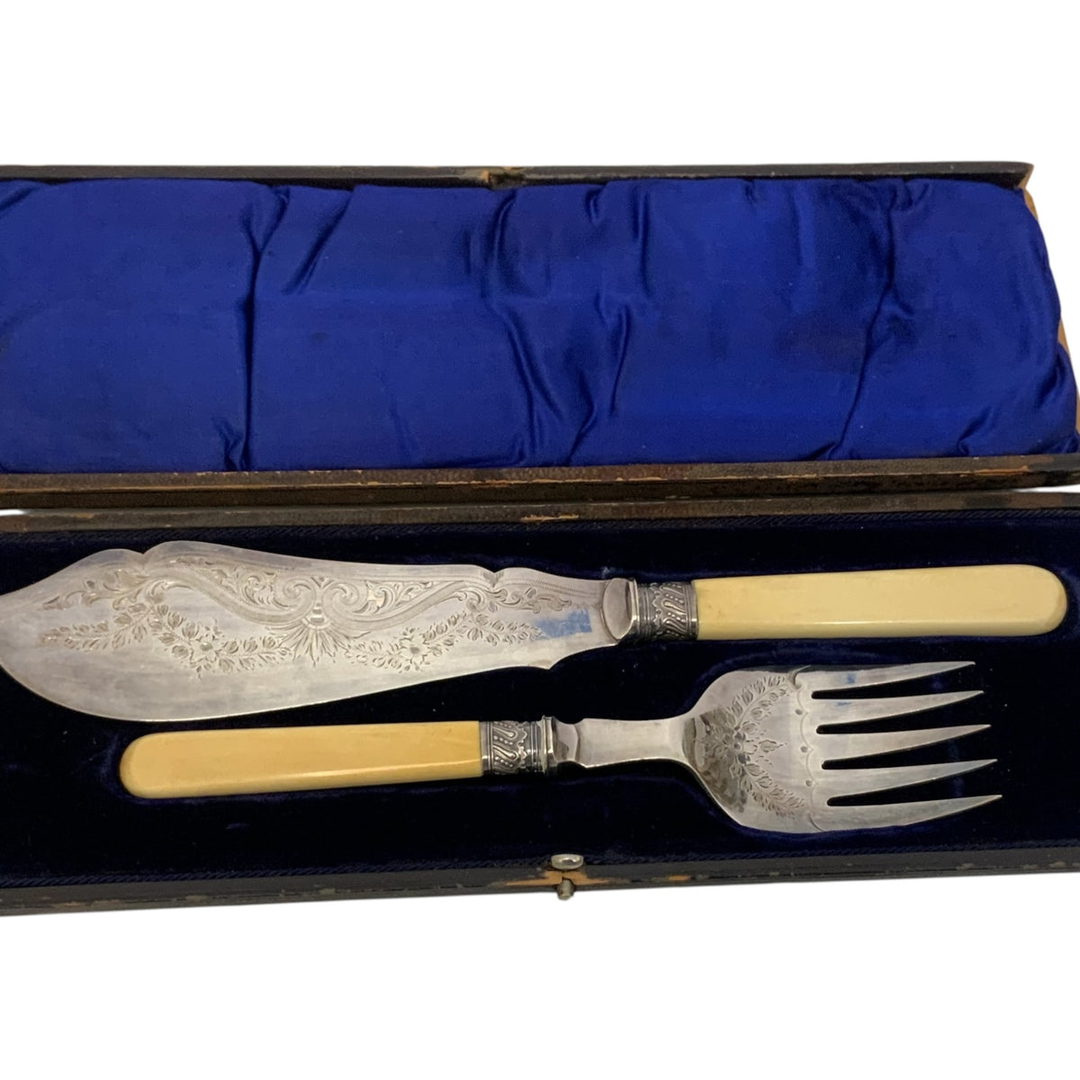 Antique English Victorian H&S EP Silver Plate Fish Serving Knife & Fork Set Bone Handles Orig. Case c. 1880-1900