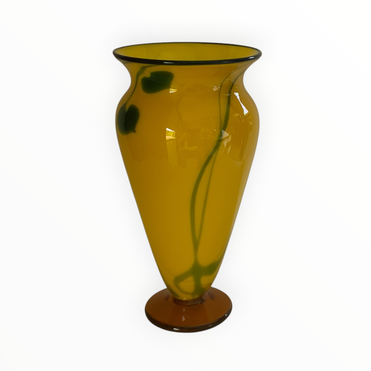 Rick Strini Signed 2004 Hand-Blown Art Glass Vase 11.25" Yellow, Amber & Green Botanical Design USA