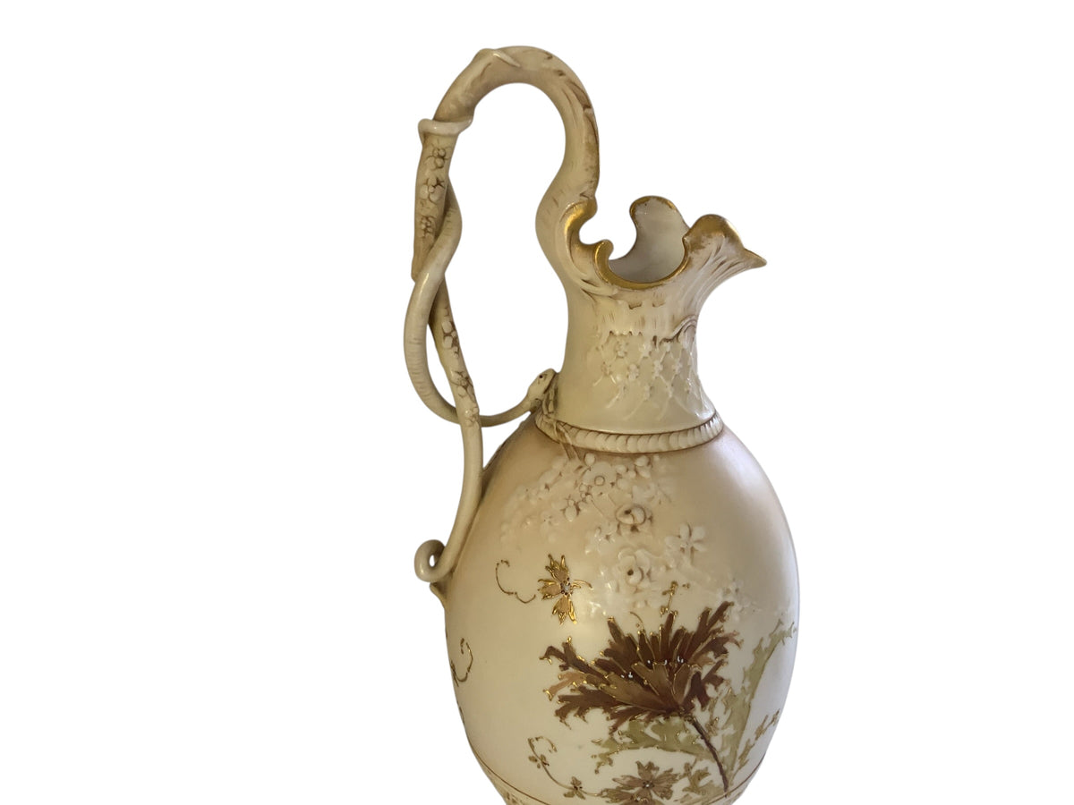 Antique 14" Royal Worcester Snake Handle Ewer Shape 137 A. Stowell Boston Blush Ivory Made in England c. 1880s-1890s