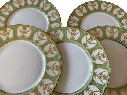 Antique Royal Doulton Robert Allen Dinner Plates Mint Green Gold Gilt 10” Set of 12 (Dated 1916/1925)