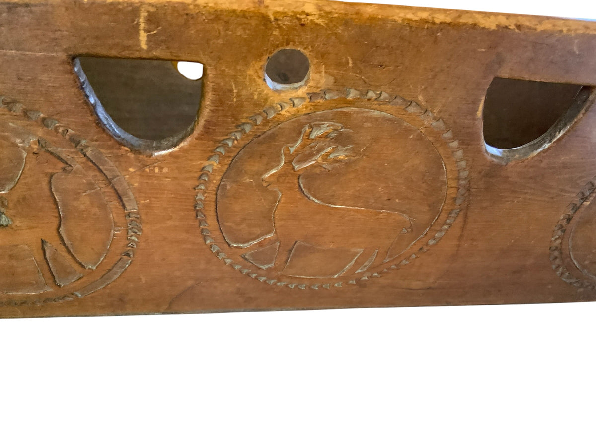 Antique 19th C European Folk Art Rocking Cradle Hand Carved Wood Catholic Iconography and Monogram