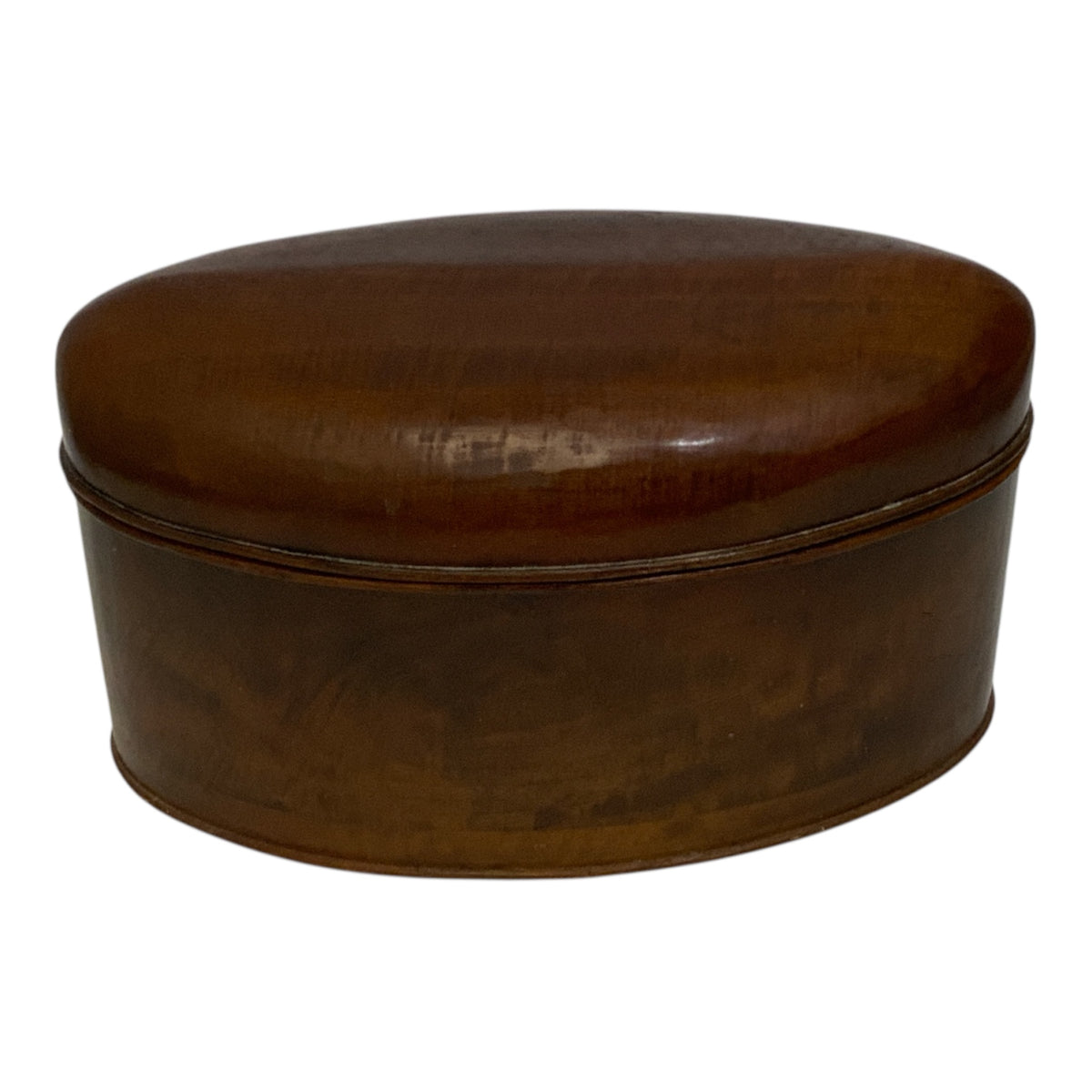 Antique English Figured Walnut Wood Oval Storage Box with Boat-Shaped Domed Lid & Applied Moldings c. 1900