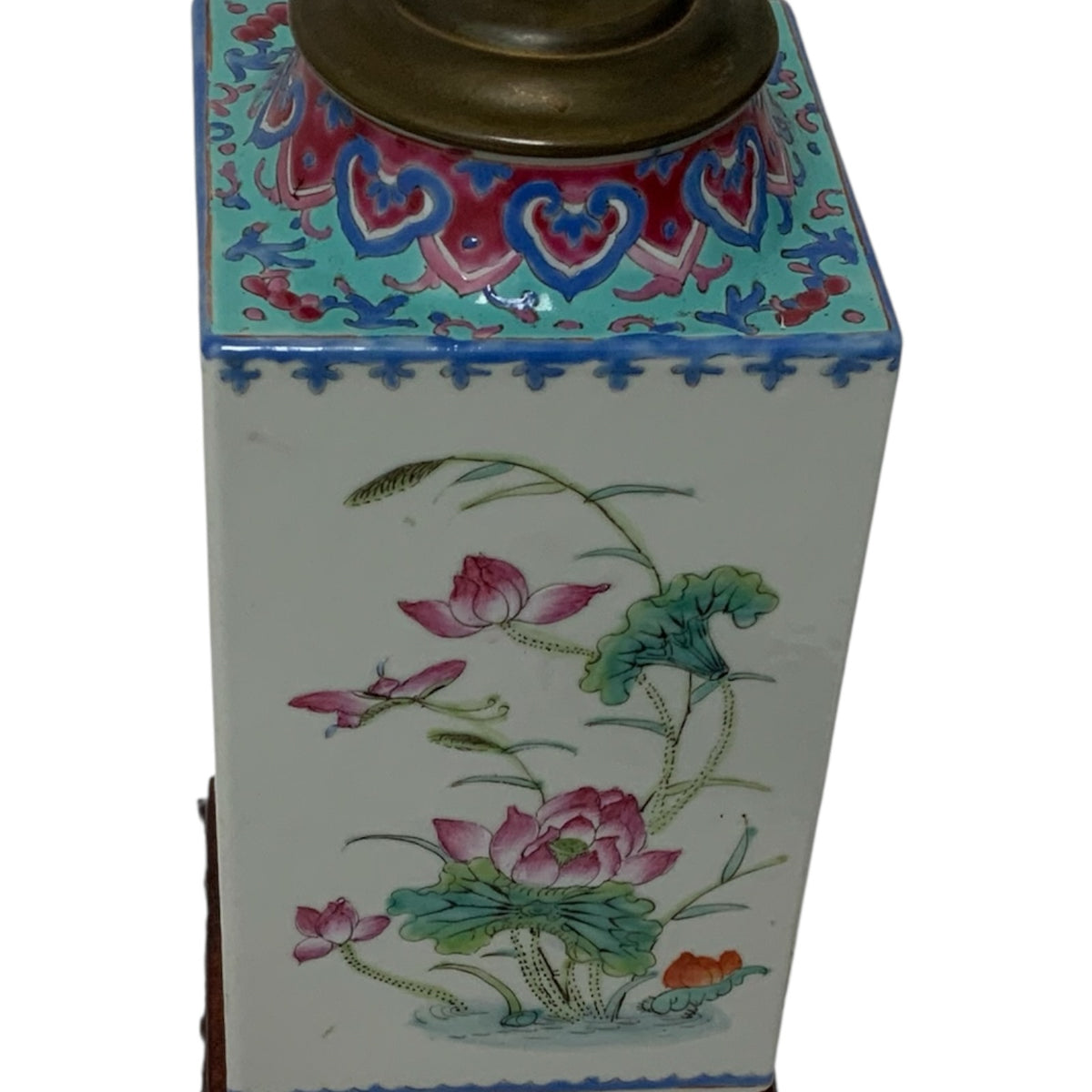 Antique Chinese Republic Period Famille Rose Four Seasons Porcelain Lamp Pagoda Shade Celluloid Rose Finial c1920s-1930s