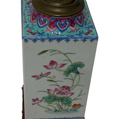 Antique Chinese Republic Period Famille Rose Four Seasons Porcelain Lamp Pagoda Shade Celluloid Rose Finial c1920s-1930s
