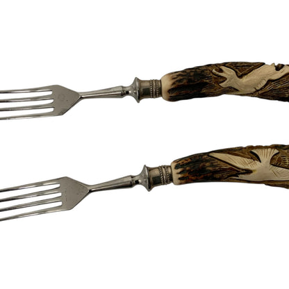 Vintage German Hand-Carved Stag Antler Hunting Dinner Forks Set of 8 c. 1950-1970