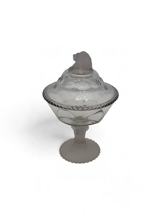 Antique Gillinder & Sons Frosted Lion Pattern 12" Covered Glass Compote, America c. 1876–1900