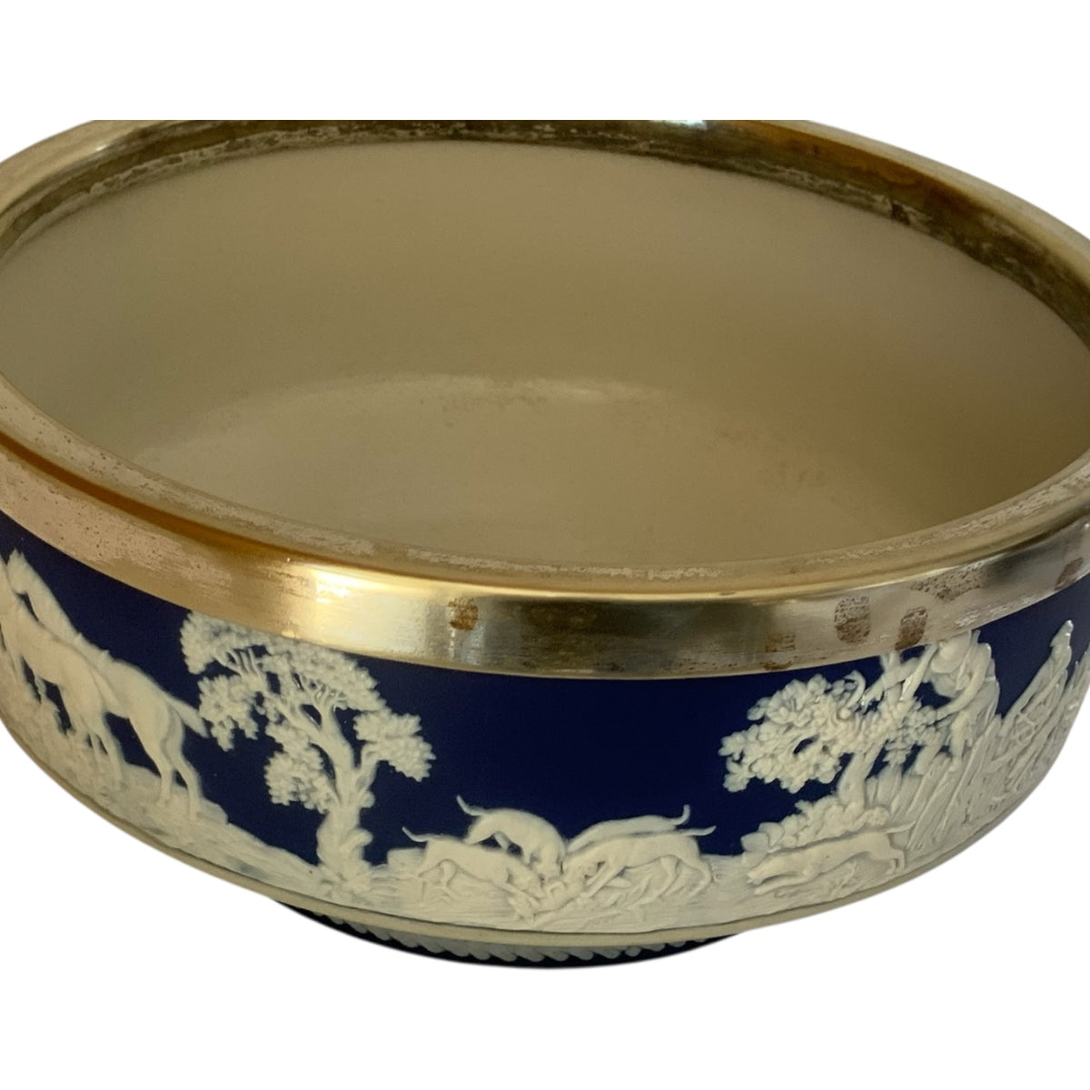 Antique William Adams Tunstall Blue Jasperware 9” Salad Bowl Set w/ Matching Silverplate Serving Fork & Spoon c.1900 Fox Hunt