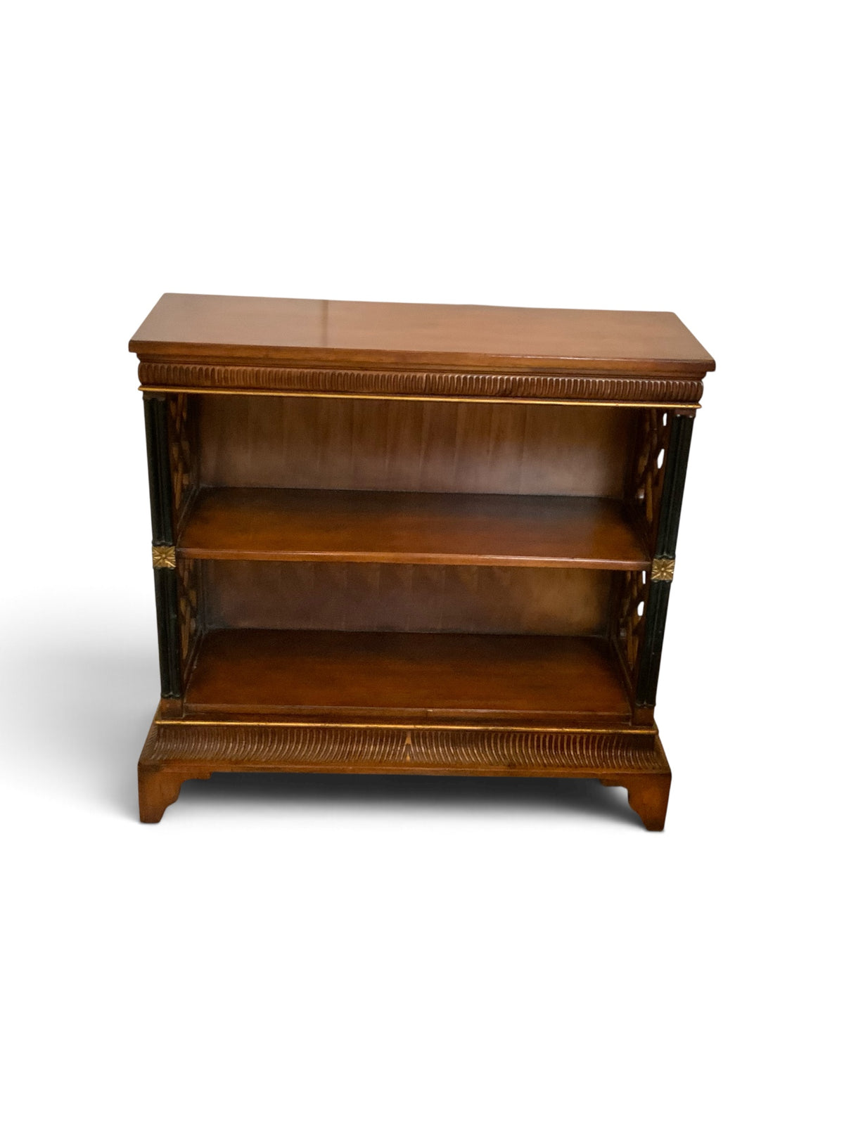 Vintage John-Richard Regency Chinese Chippendale Mahogany Open Bookcase with Fretwork & Gilt Accents USA 1990s-2000s