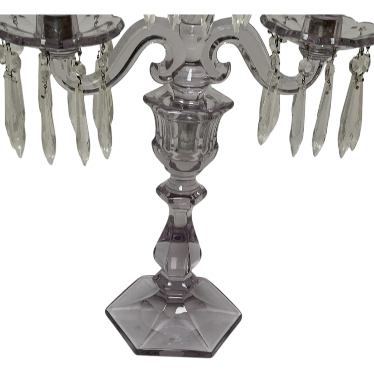 Antique Heisey Glass Puritan 3-Light Candelabra #300 Complete Prisms Sun Purple Tint c.1904-1915