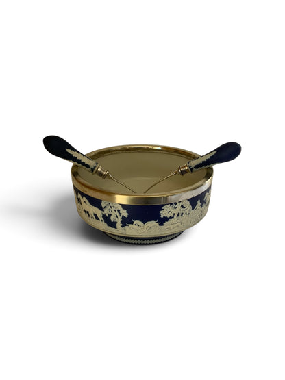 Antique William Adams Tunstall Blue Jasperware 9” Salad Bowl Set w/ Matching Silverplate Serving Fork & Spoon c.1900 Fox Hunt