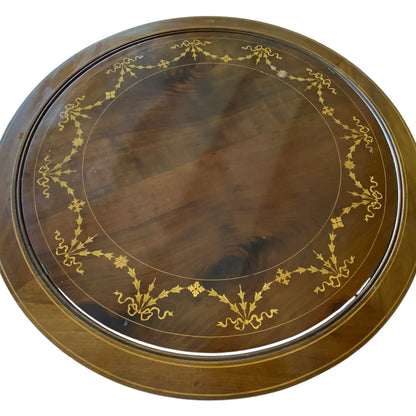 Antique Rare English Sheraton Revival Mahogany & Marquetry Circular Pivoting-Center Games Table 19th Century