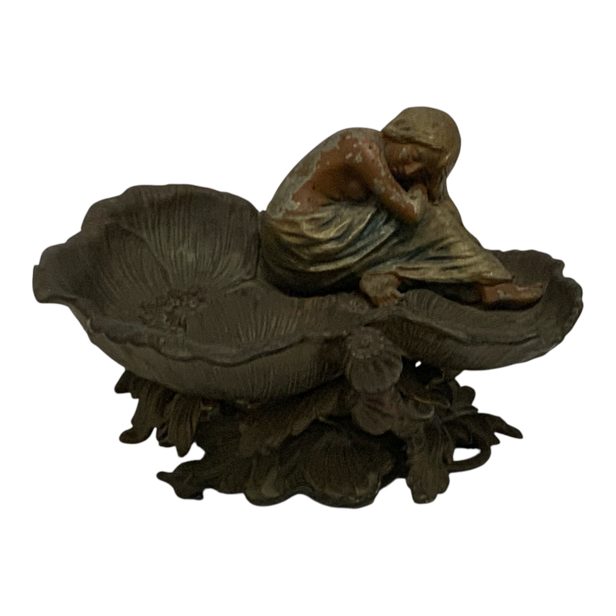 French Art Nouveau Cast Iron Figural Poppy Blossom Centerpiece with Resting Maiden c. 1900