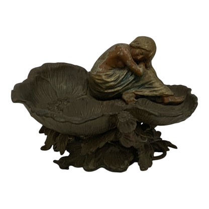French Art Nouveau Cast Iron Figural Poppy Blossom Centerpiece with Resting Maiden c. 1900