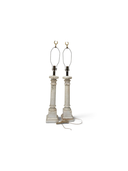Fine Pair of Vintage Italian Neoclassical Alabaster Column Table Lamps with Laurel Wreath Finials c. Mid-20th Century 1940s-1950s