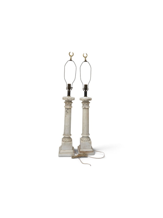 Fine Pair of Vintage Italian Neoclassical Alabaster Column Table Lamps with Laurel Wreath Finials c. Mid-20th Century 1940s-1950s