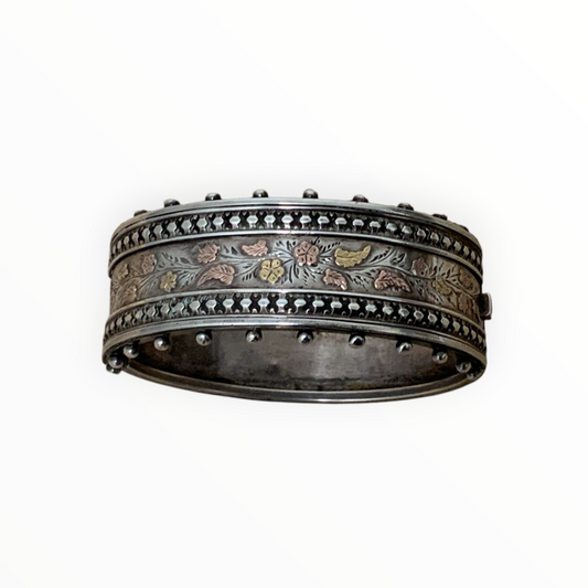 Antique Aesthetic Period Sterling Silver Hinged Cuff Bangle with Rose & Yellow Gold Floral Appliqué c. 1880s