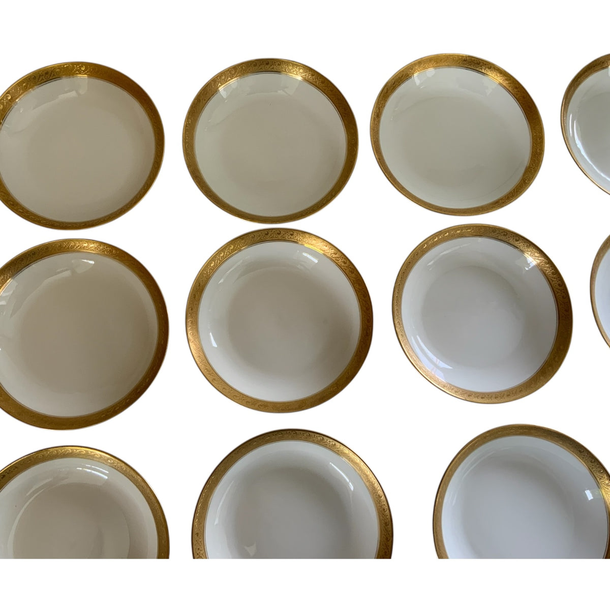 12pc Antique GDA Limoges France Fruit/Berry Bowls White w/Gold Etched Rim Parmelee-Dohrmann c.1901 - 1941